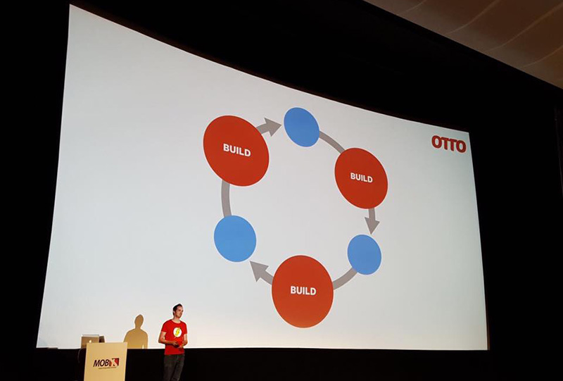 Wolf standing on the stage at MobX conference